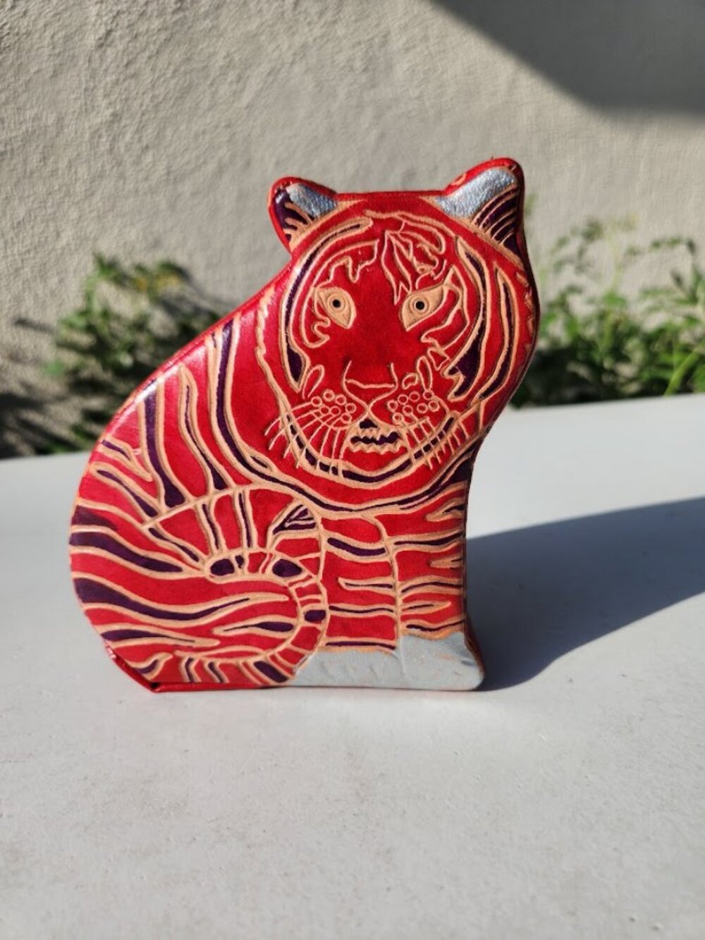 Vintage Shantiniketan Leather Tiger Coin Bank Piggy Bank Red Black India Bohemia